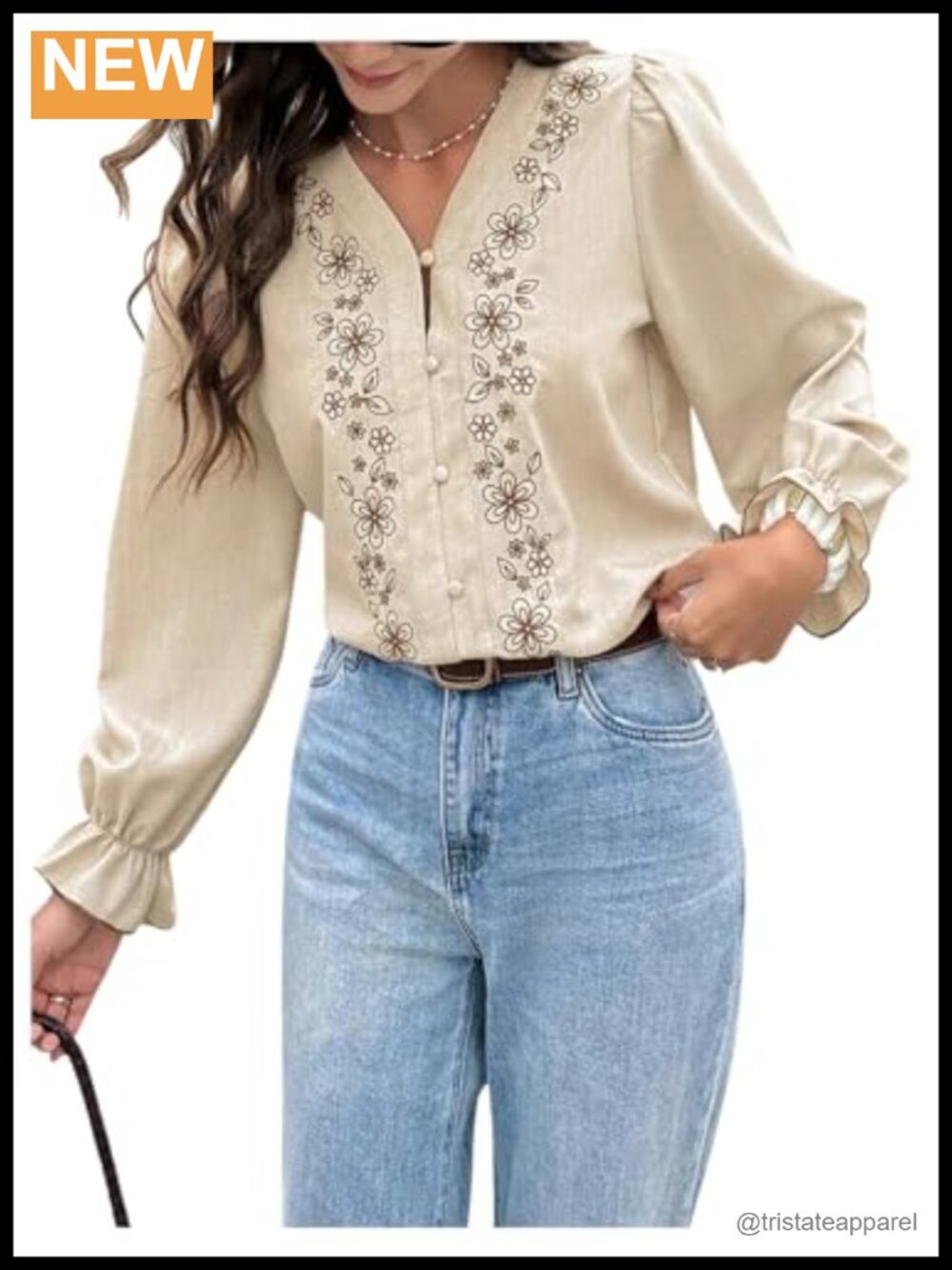 Floral Embroidered Button Down Shirt V-Neck Long Sleeve Blouse